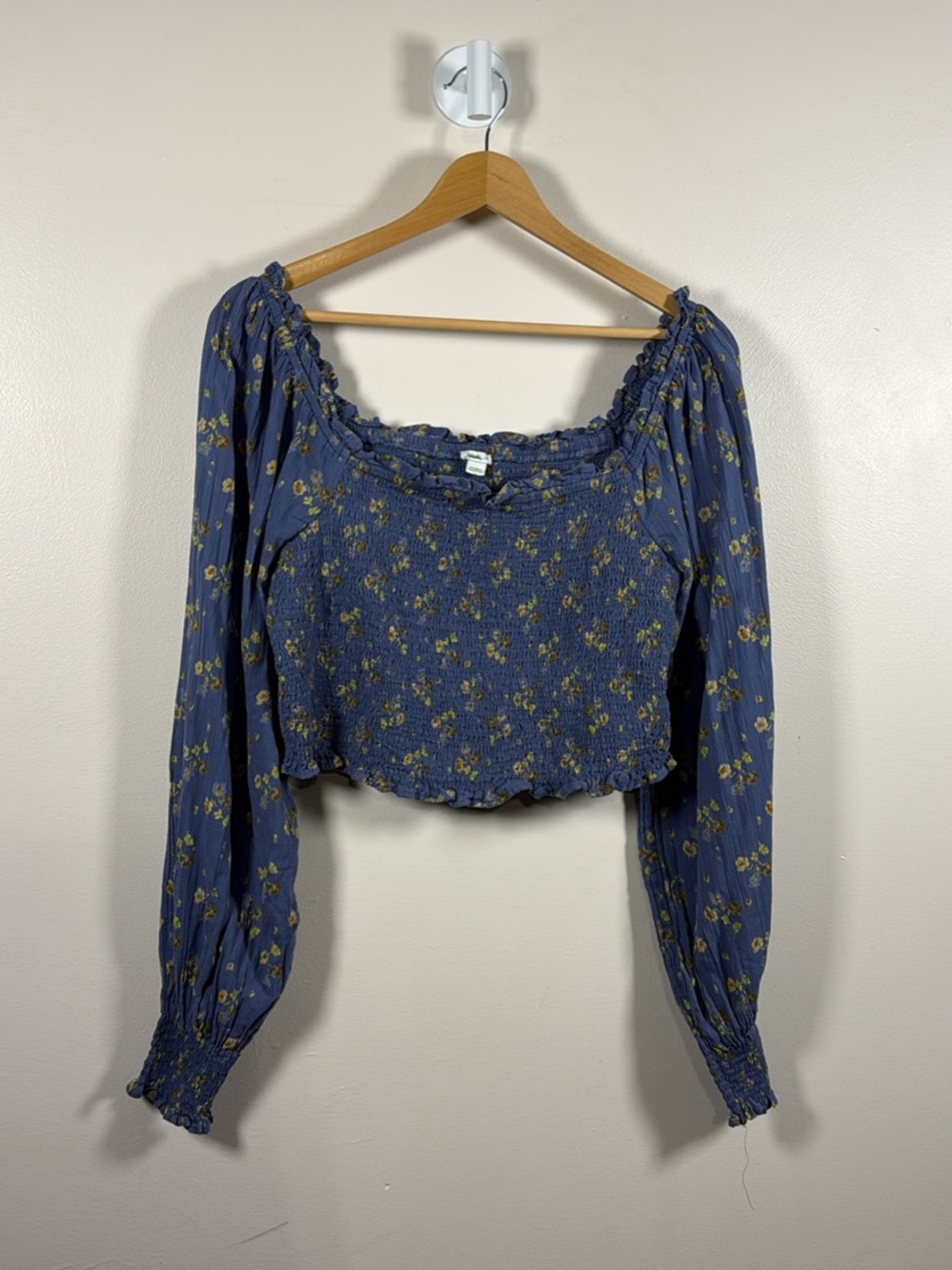 aerie Blue Smocked Floral Long-Sleeve Crop Top